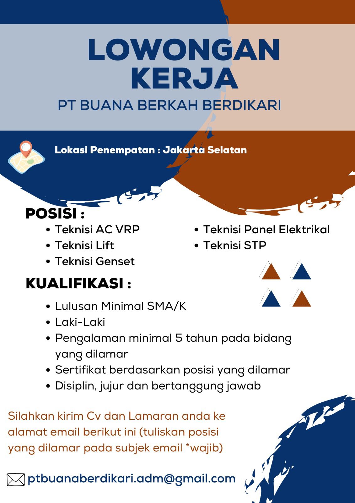 Loker Teknisi AC VRP • Teknisi Panel Elektrikal • Teknisi Lift • Teknisi Genset
