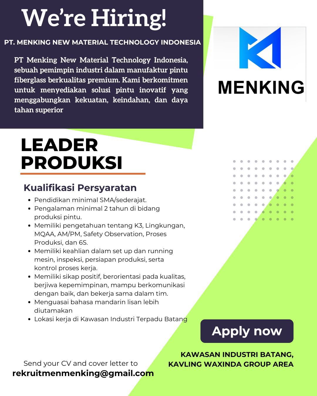 Loker MENKING LEADER PRODUKSI