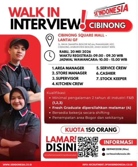 Loker Area Manager, Store Manager, Supervisor, Service Crew, Cashier, Stock Keeper, dan juga Kitchen Crew